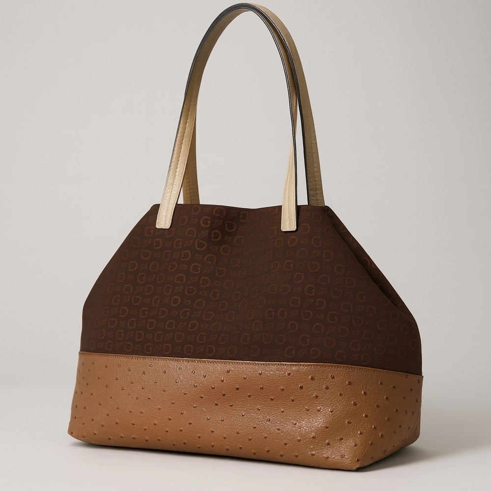 👜 Guess Brown Monogram Tote Bag with Faux Ostrich Trim